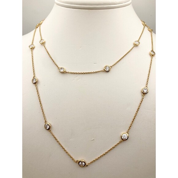 925 sterling silver 14k gold vermeil bezel set cz station long Necklace - Picture 2 of 6